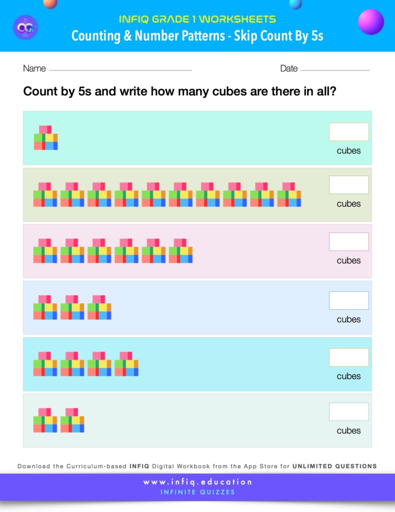 Grade 1 Math Worksheet - Counting & Number Patterns - Skip Count By 5s (using models)