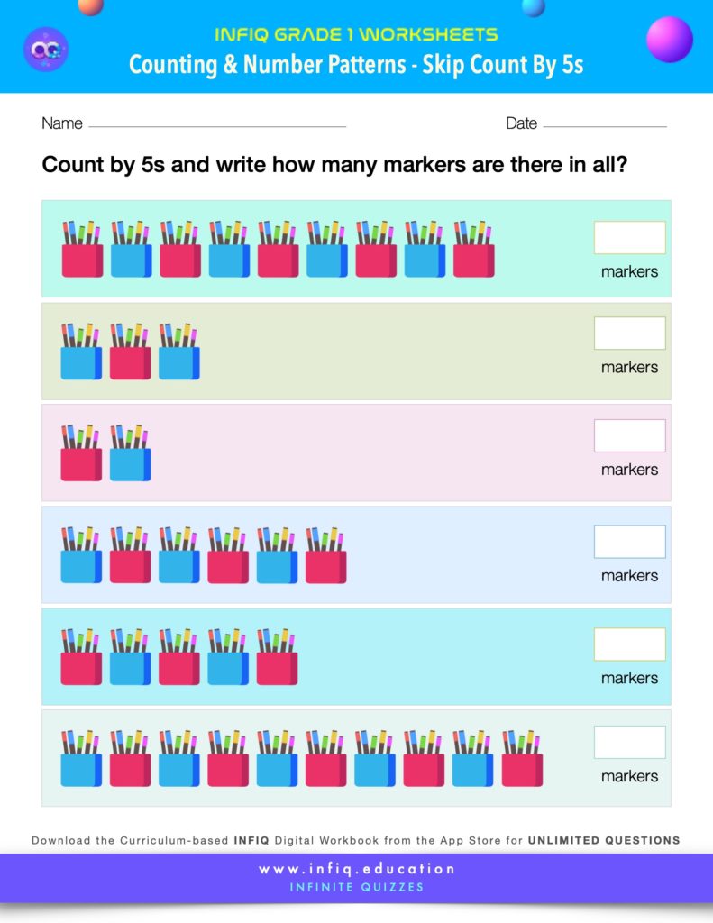 Grade 1 Math Worksheet - Counting & Number Patterns - Skip Count By 5s (using models)