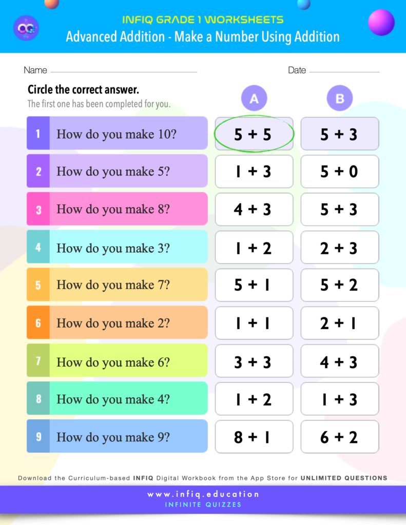 Grade 1 Math - Make a Number Using Addition Worksheets