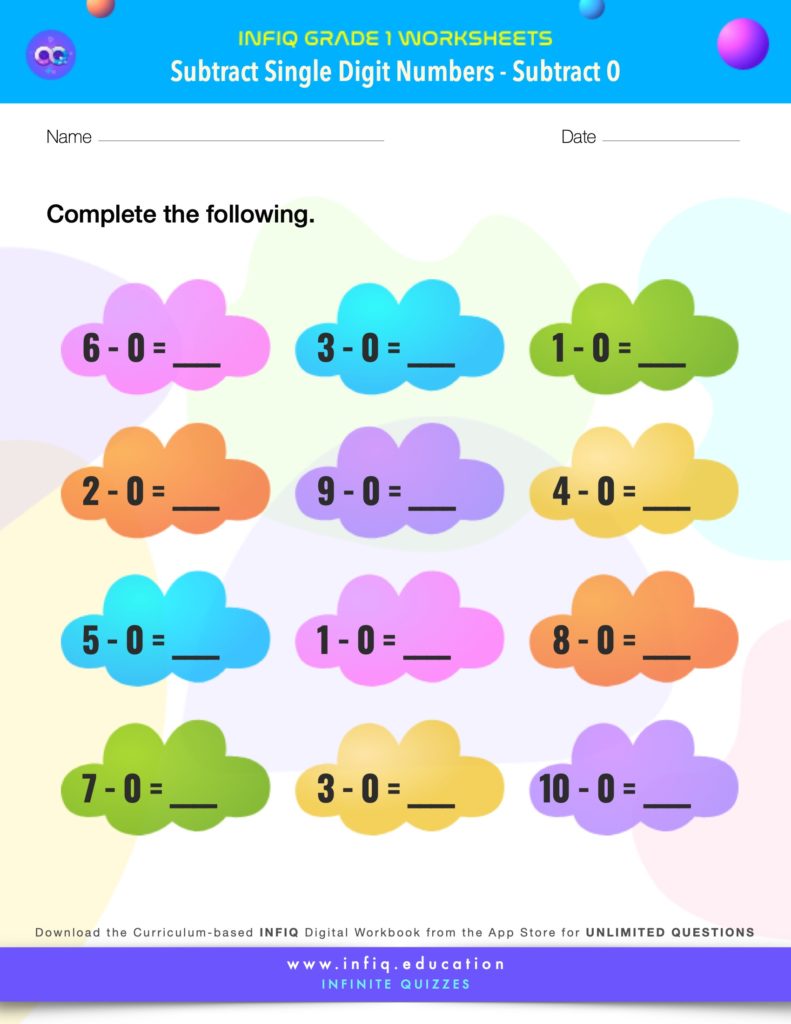 Grade 1 Math: Subtract Single Digit Numbers - Subtract 0 Worksheet