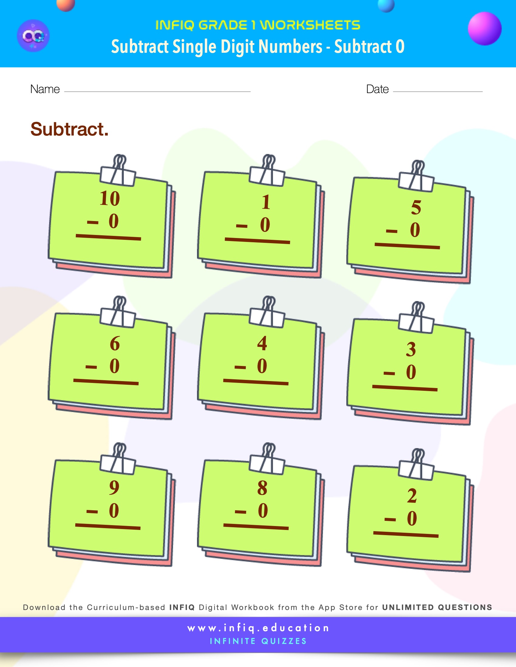Grade 1 Math: Subtract Single Digit Numbers - Subtract 0 Worksheet