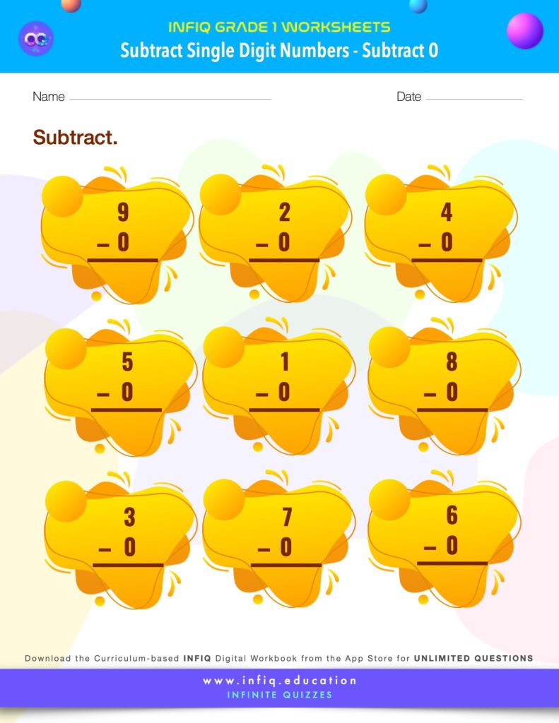 Grade 1 Math: Subtract Single Digit Numbers - Subtract 0 Worksheet
