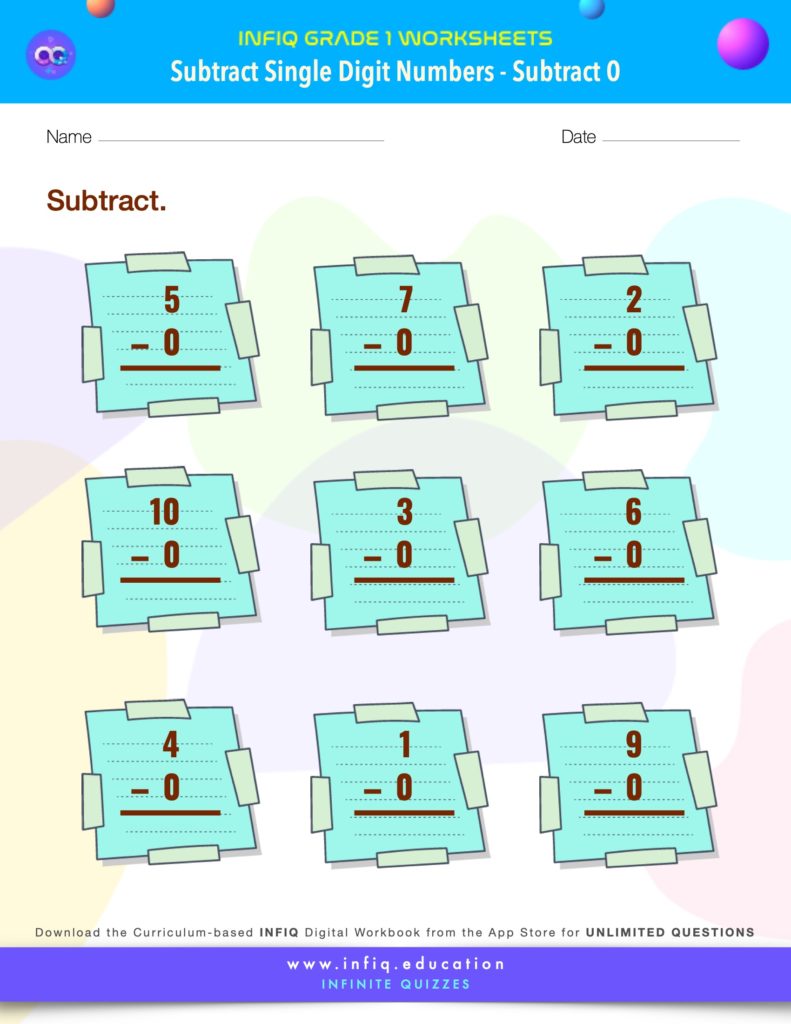 Grade 1 Math: Subtract Single Digit Numbers - Subtract 0 Worksheet