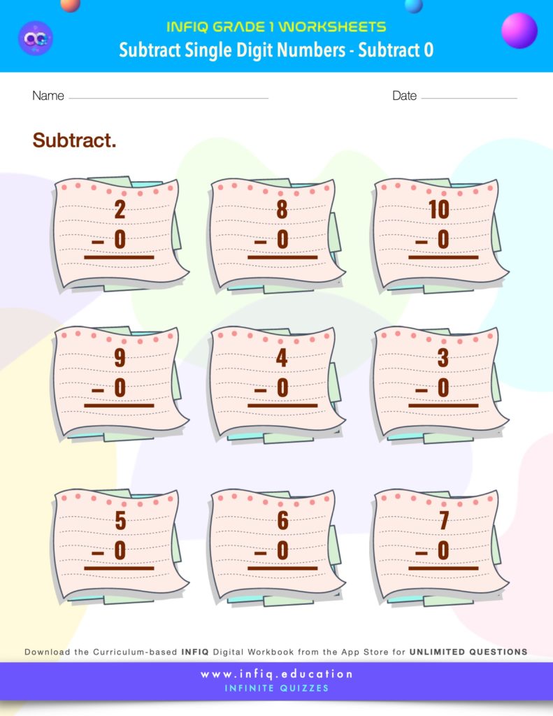 Grade 1 Math: Subtract Single Digit Numbers - Subtract 0 Worksheet