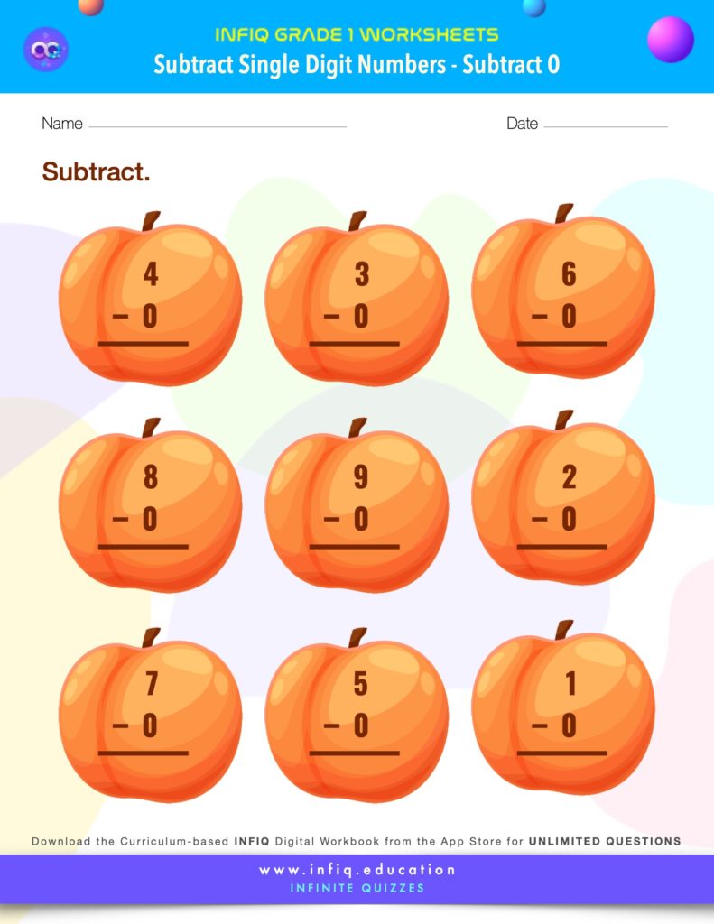 Grade 1 Math: Subtract Single Digit Numbers - Subtract 0 Worksheet