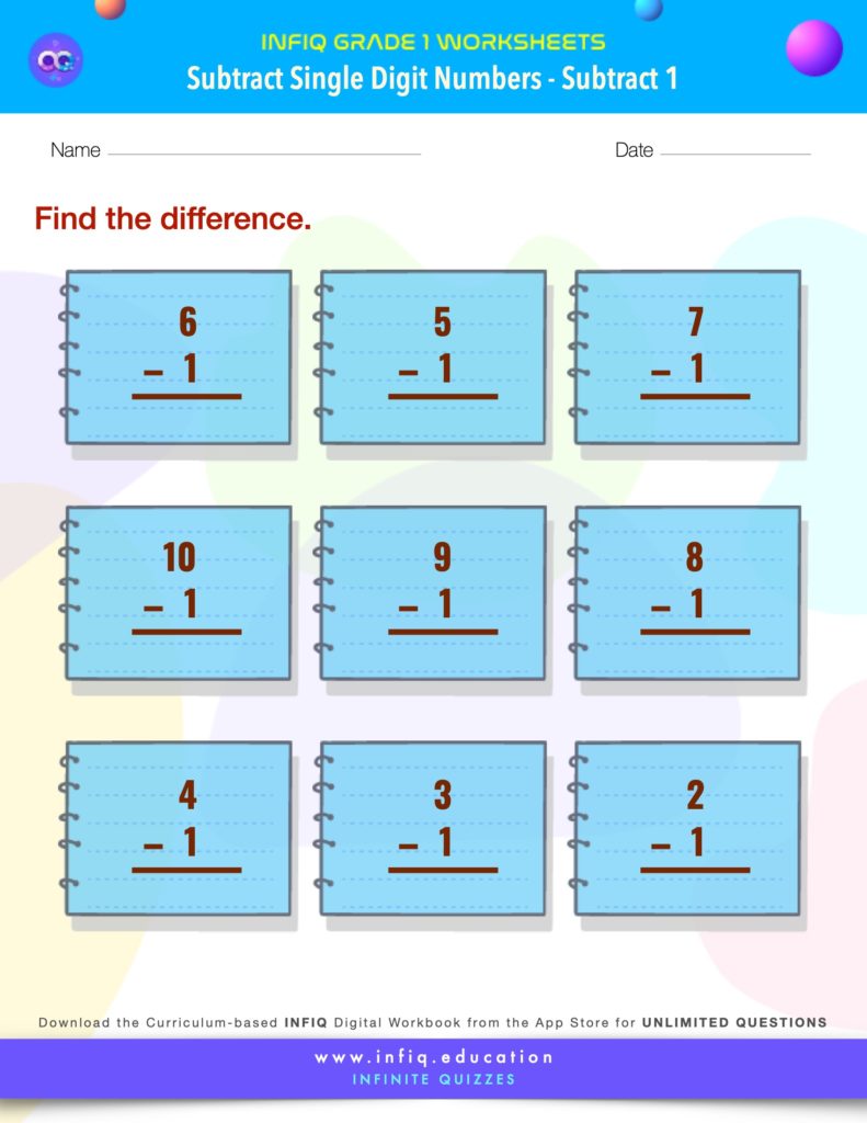 Grade 1 Math: Subtract Single Digit Numbers - Subtract 1 Worksheet