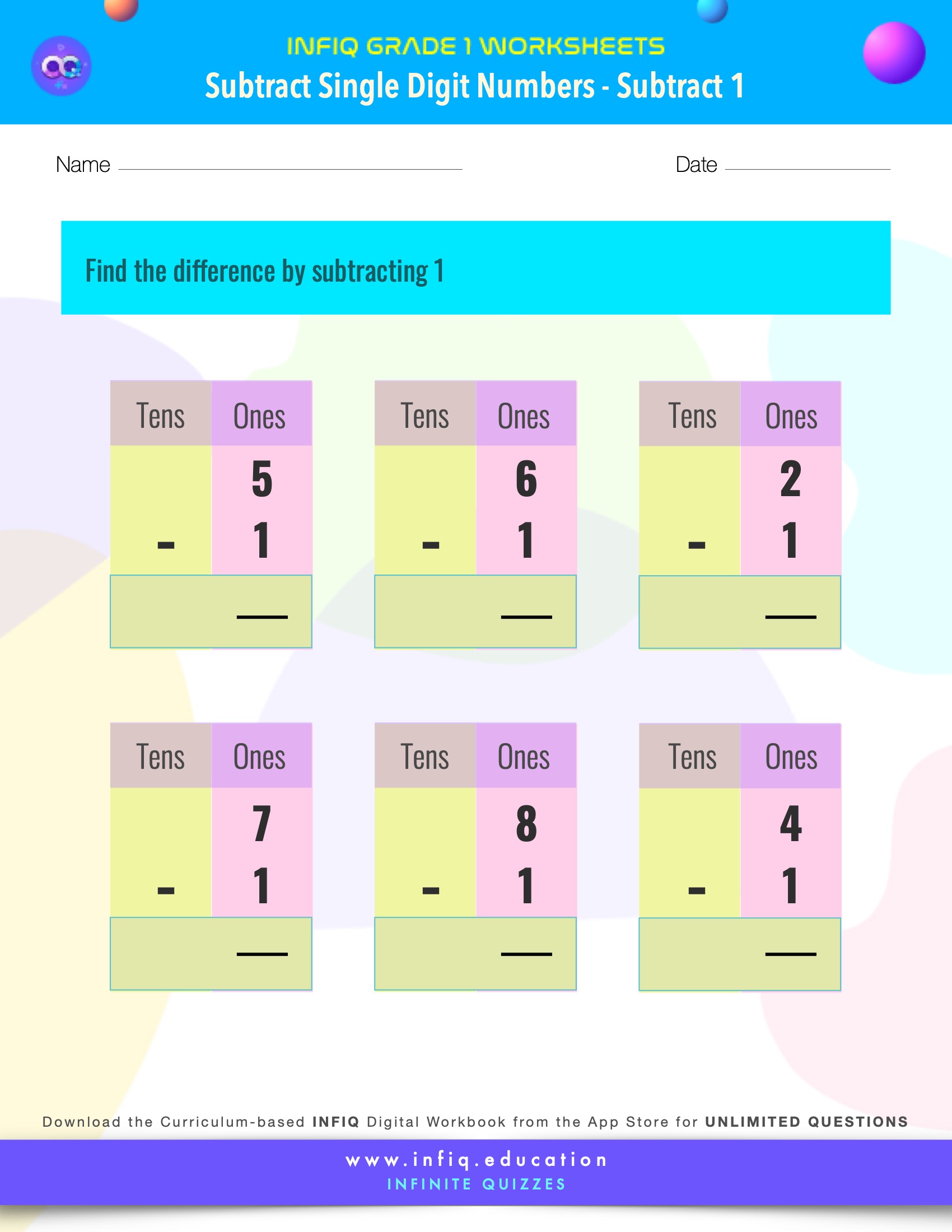 Grade 1 Math: Subtract Single Digit Numbers - Subtract 1 Worksheet