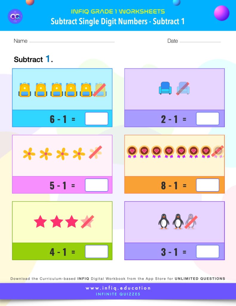 Grade 1 Math: Subtract Single Digit Numbers - Subtract 1 Worksheet