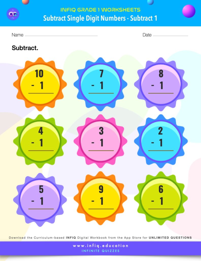 Grade 1 Math: Subtract Single Digit Numbers - Subtract 1 Worksheet