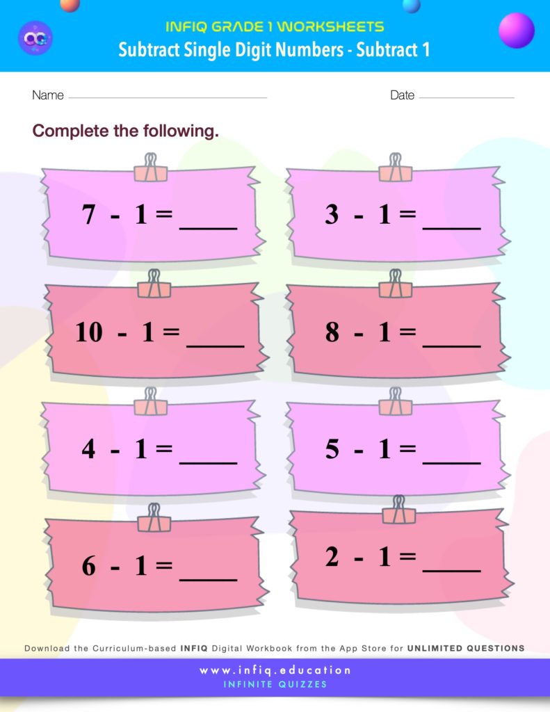 Grade 1 Math: Subtract Single Digit Numbers - Subtract 1 Worksheet
