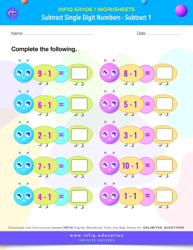 Grade 1 Math: Subtract Single Digit Numbers - Subtract 1 Worksheet