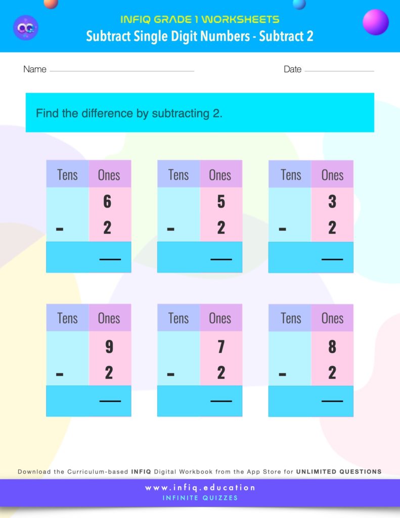 Grade 1 Math: Subtract Single Digit Numbers - Subtract 2 Worksheet