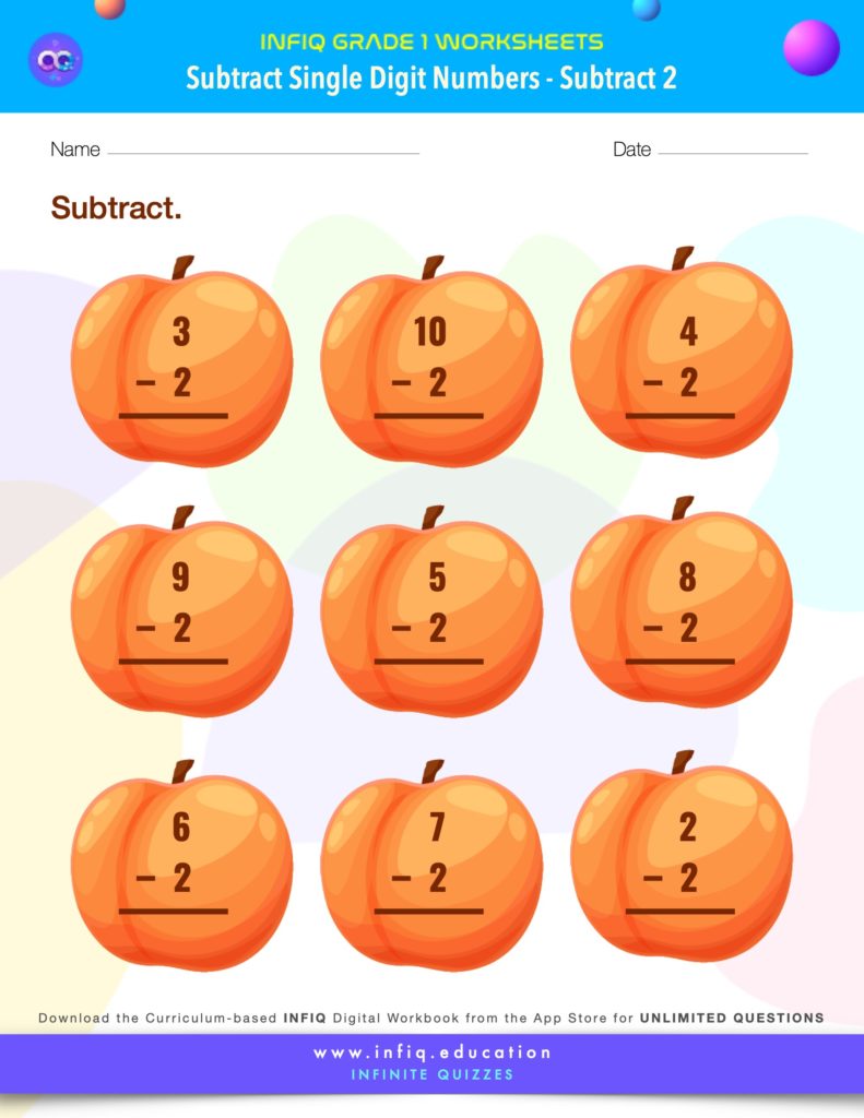 Grade 1 Math: Subtract Single Digit Numbers - Subtract 2 Worksheet