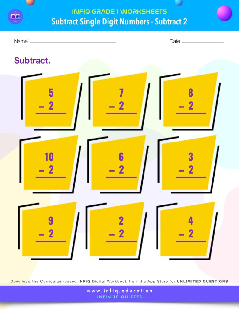Grade 1 Math: Subtract Single Digit Numbers - Subtract 2 Worksheet