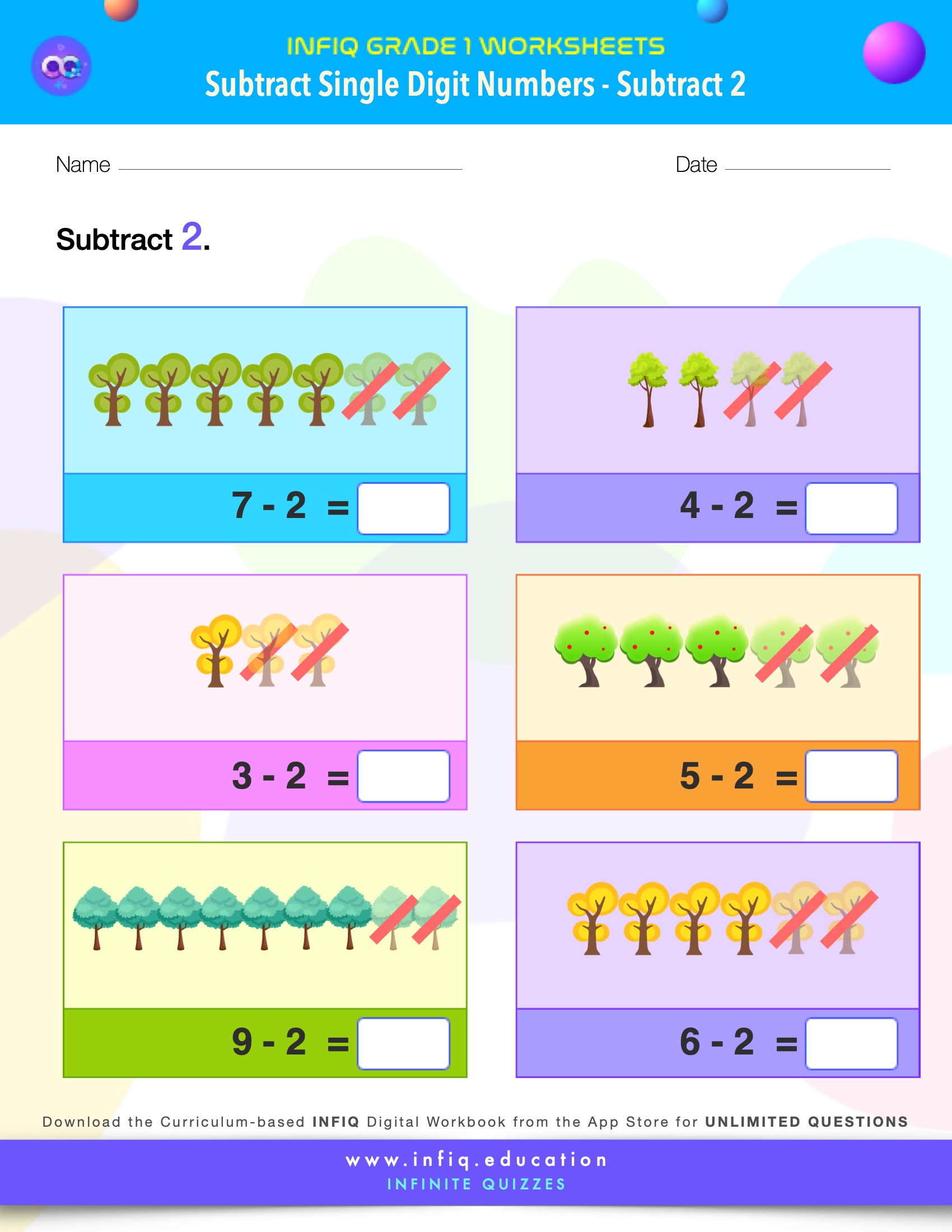 Grade 1 Math: Subtract Single Digit Numbers - Subtract 2 Worksheet