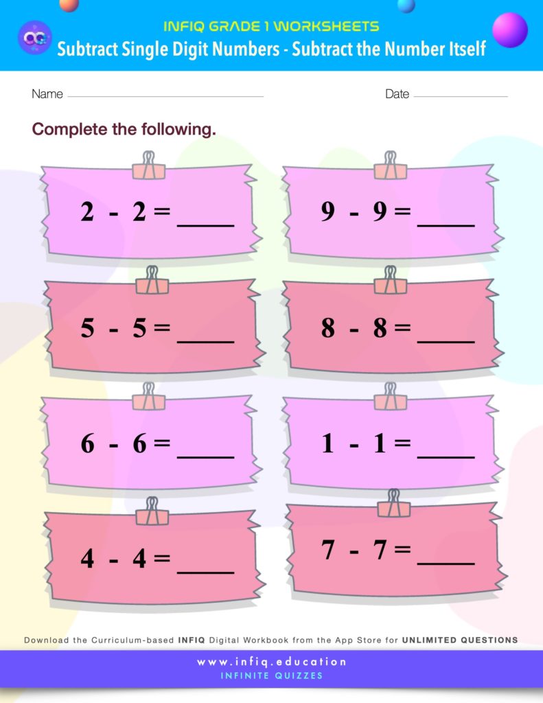 Grade 1 Math: Subtract Single Digit Numbers - Subtract the number itself Worksheet