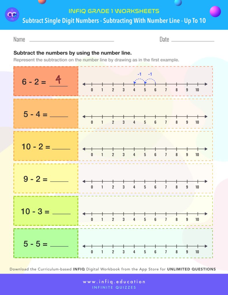 Grade 1 Math: Subtract Single Digit Numbers - Subtracting with Number Line (up to 10) Worksheets