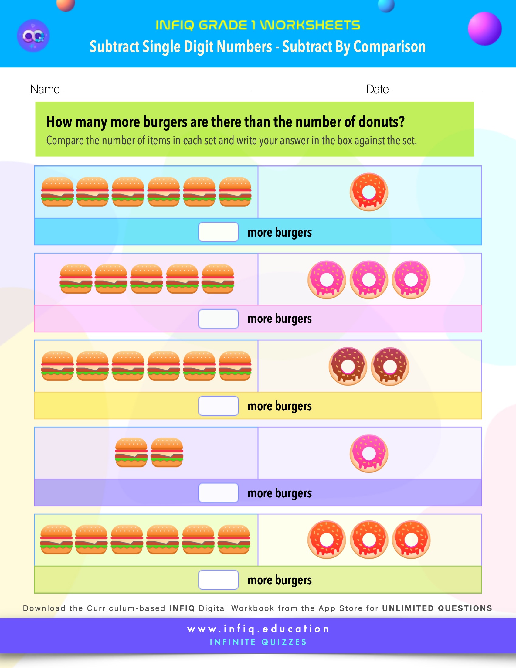 Grade 1 Math: Subtract Single Digit Numbers - Subtract By Comparison Worksheet