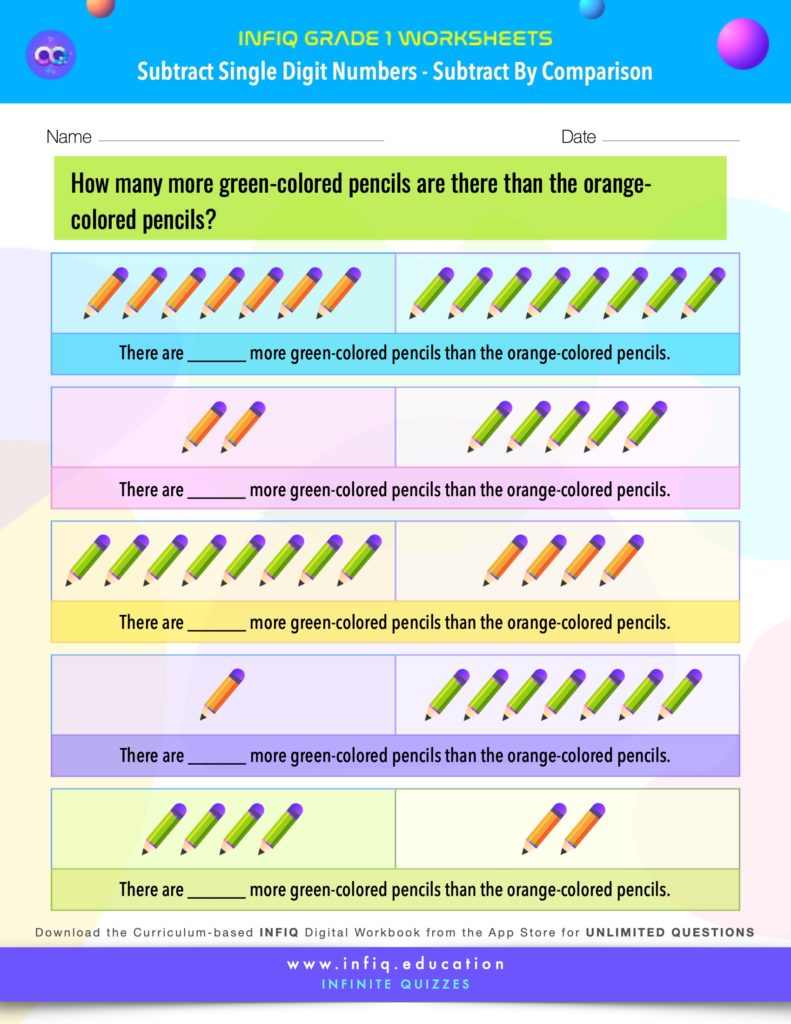 Grade 1 Math: Subtract Single Digit Numbers - Subtract By Comparison Worksheet
