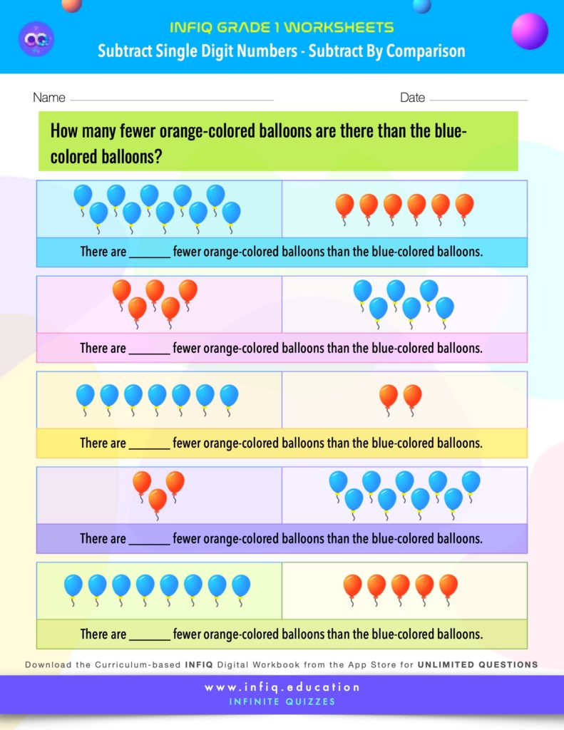 Grade 1 Math: Subtract Single Digit Numbers - Subtract By Comparison Worksheet