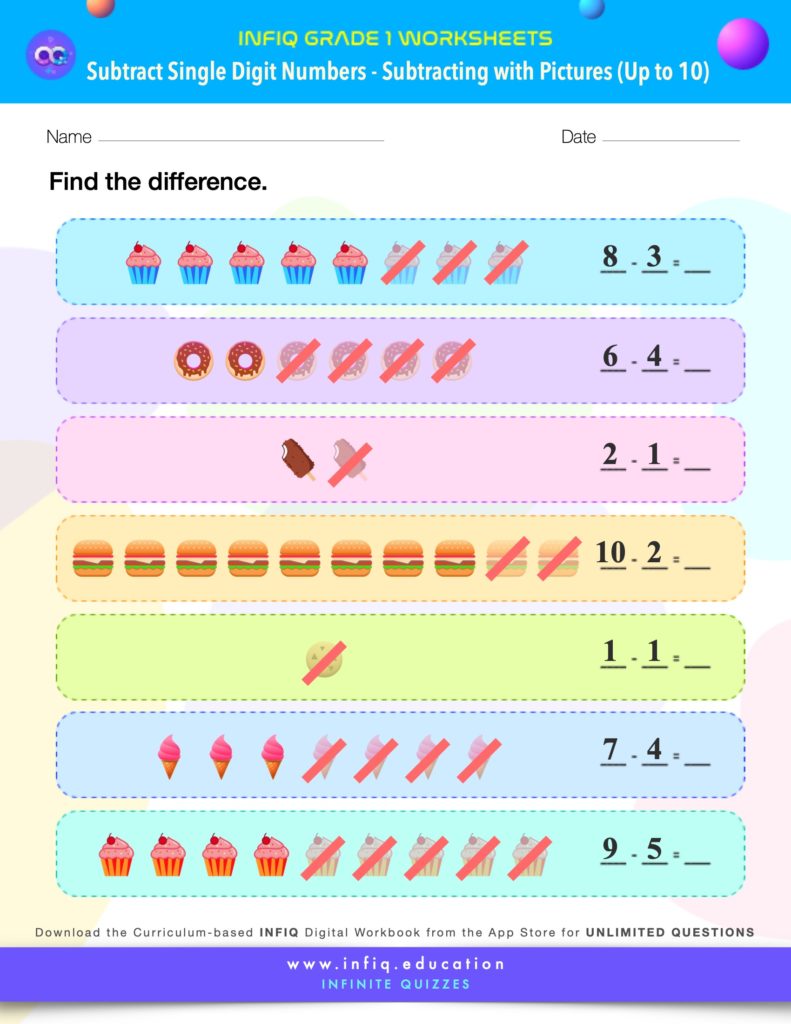 Grade 1 Math: Subtract Single Digit Numbers - Subtracting With Pictures (up to 10) Worksheets