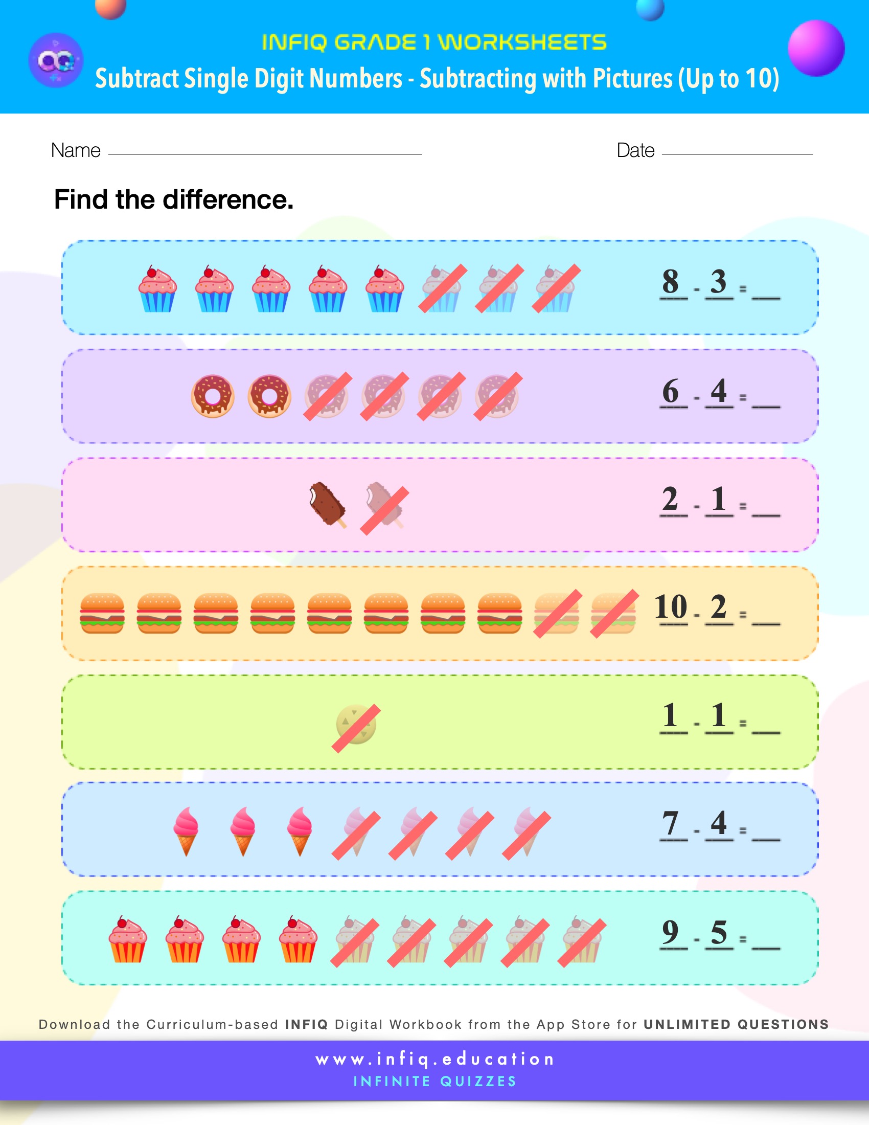 Grade 1 Math: Subtract Single Digit Numbers - Subtracting With Pictures (up to 10) Worksheets
