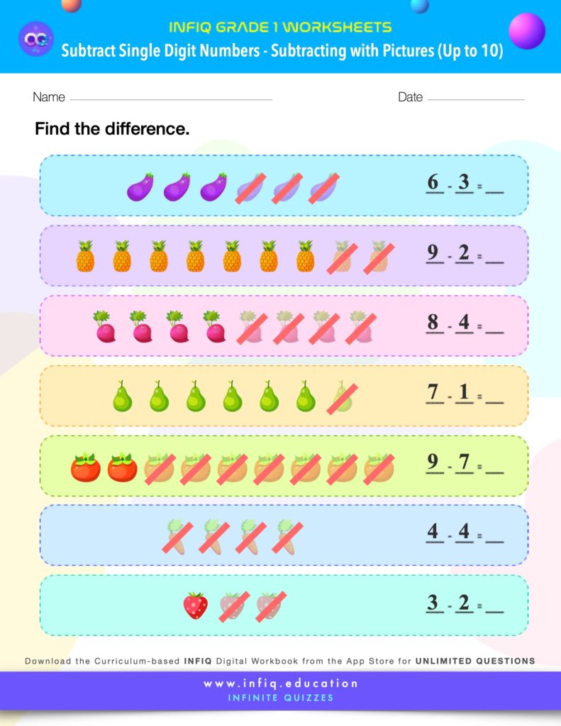 Grade 1 Math: Subtract Single Digit Numbers - Subtracting With Pictures (up to 10) Worksheets