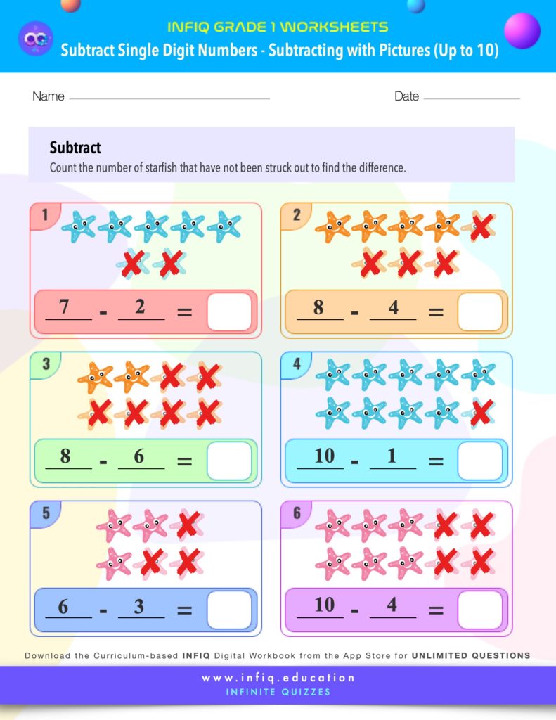 Grade 1 Math: Subtract Single Digit Numbers - Subtracting With Pictures (up to 10) Worksheets