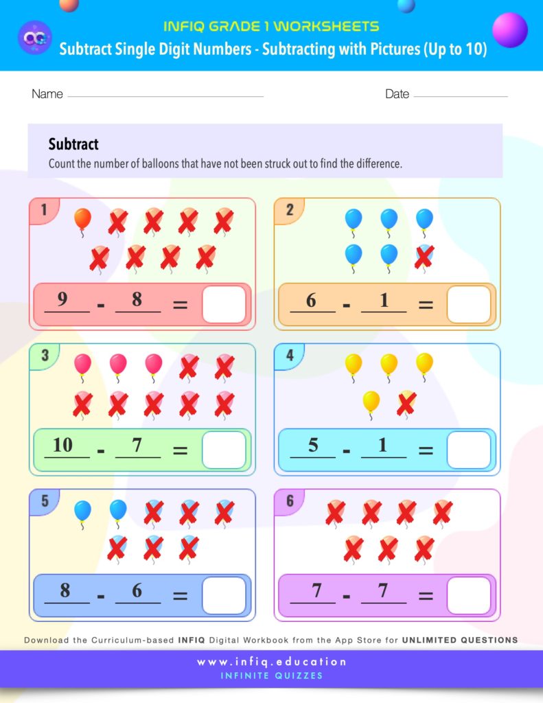 Grade 1 Math: Subtract Single Digit Numbers - Subtracting With Pictures (up to 10) Worksheets