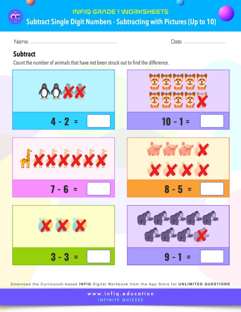 Grade 1 Math: Subtract Single Digit Numbers - Subtracting With Pictures (up to 10) Worksheets