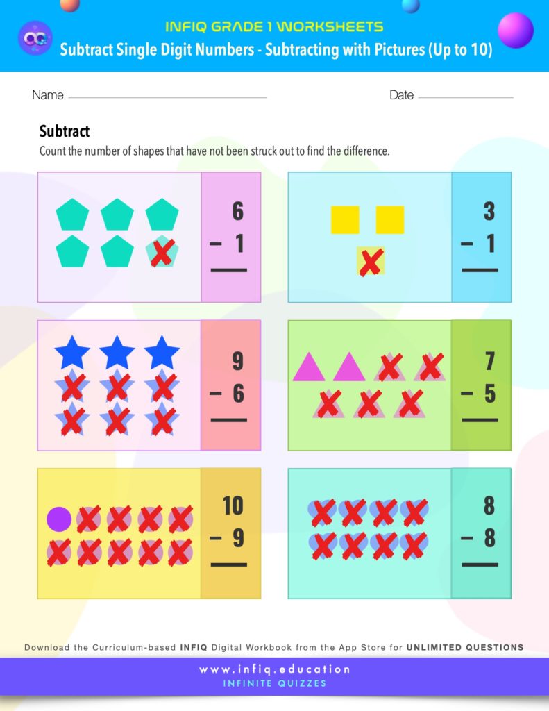 Grade 1 Math: Subtract Single Digit Numbers - Subtracting With Pictures (up to 10) Worksheets