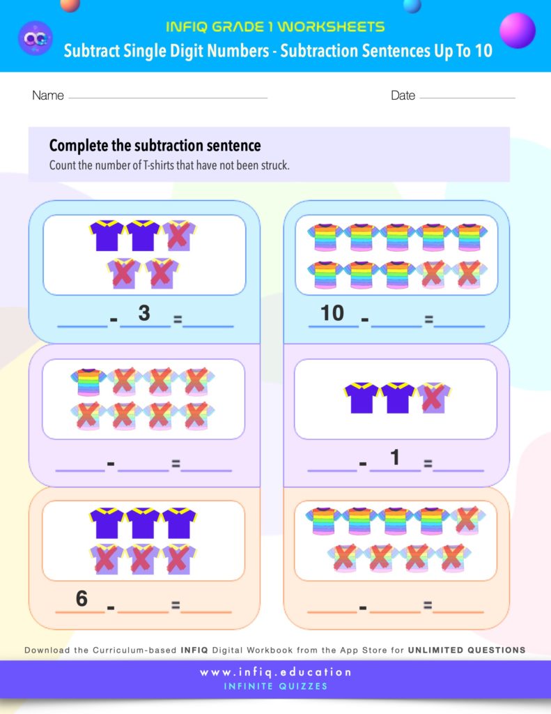 Grade 1 Math: Subtract Single Digit Numbers - Subtraction Sentences (up to 10) Worksheets
