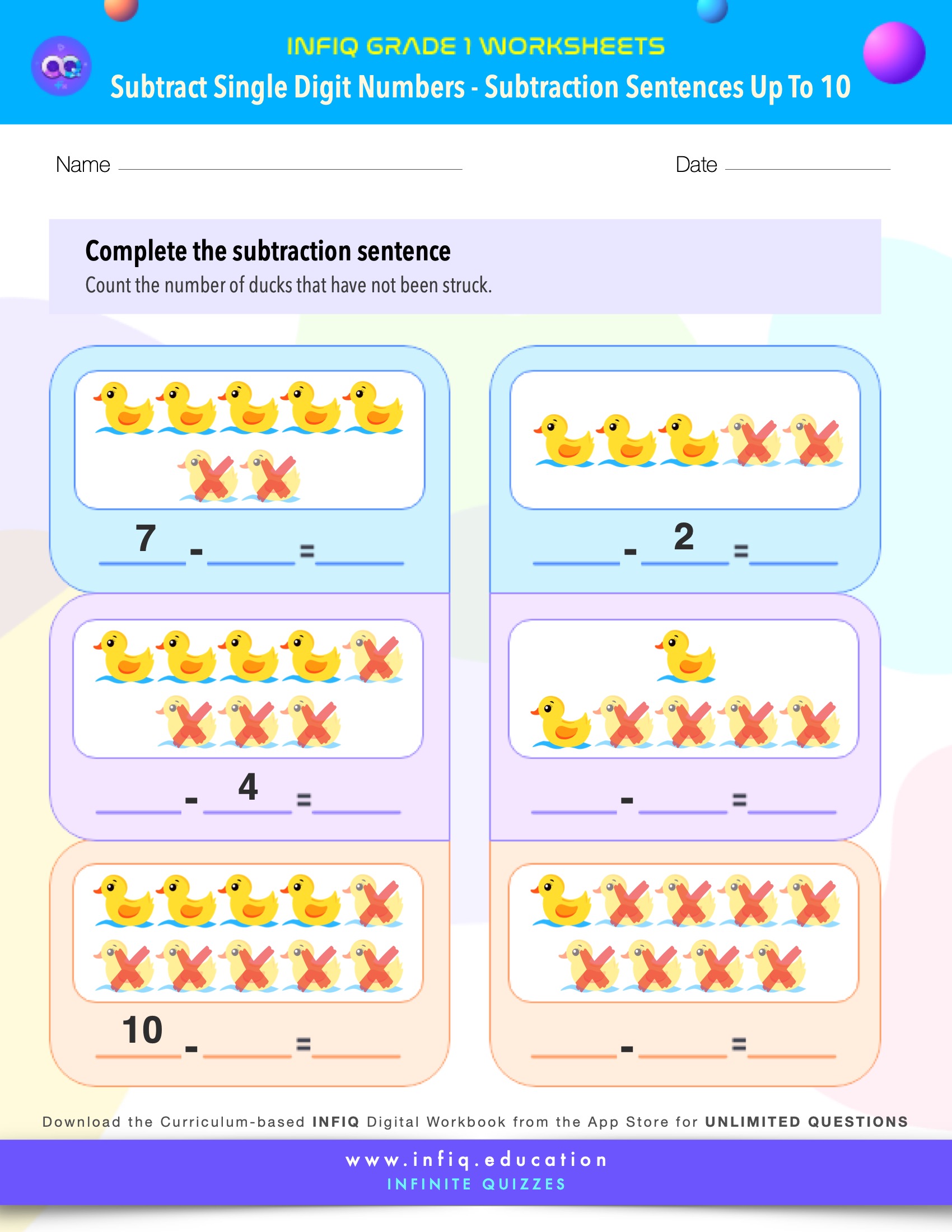Grade 1 Math: Subtract Single Digit Numbers - Subtraction Sentences (up to 10) Worksheets