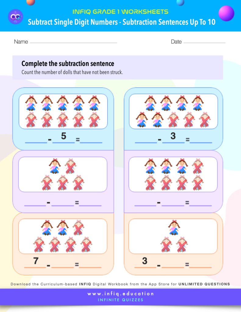Grade 1 Math: Subtract Single Digit Numbers - Subtraction Sentences (up to 10) Worksheets