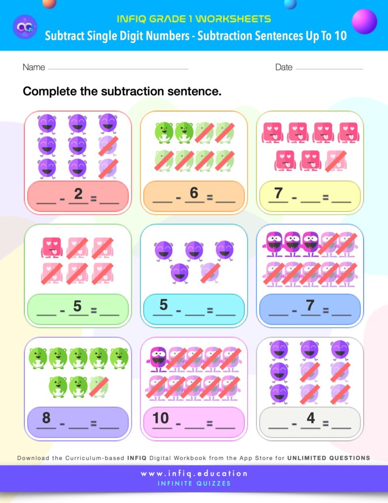 Grade 1 Math: Subtract Single Digit Numbers - Subtraction Sentences (up to 10) Worksheets