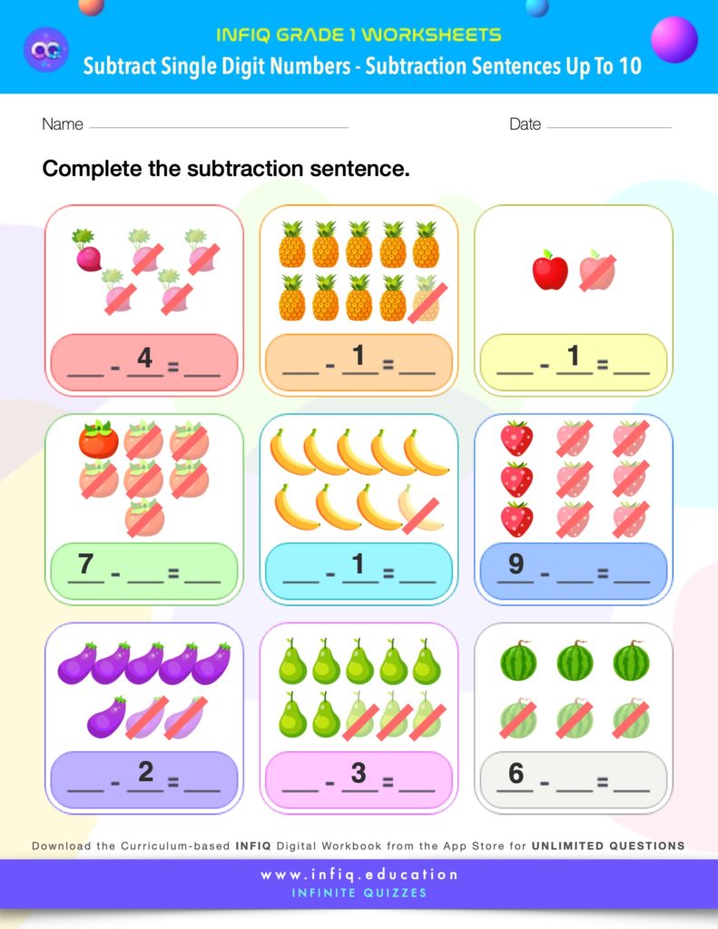 Grade 1 Math: Subtract Single Digit Numbers - Subtraction Sentences (up to 10) Worksheets