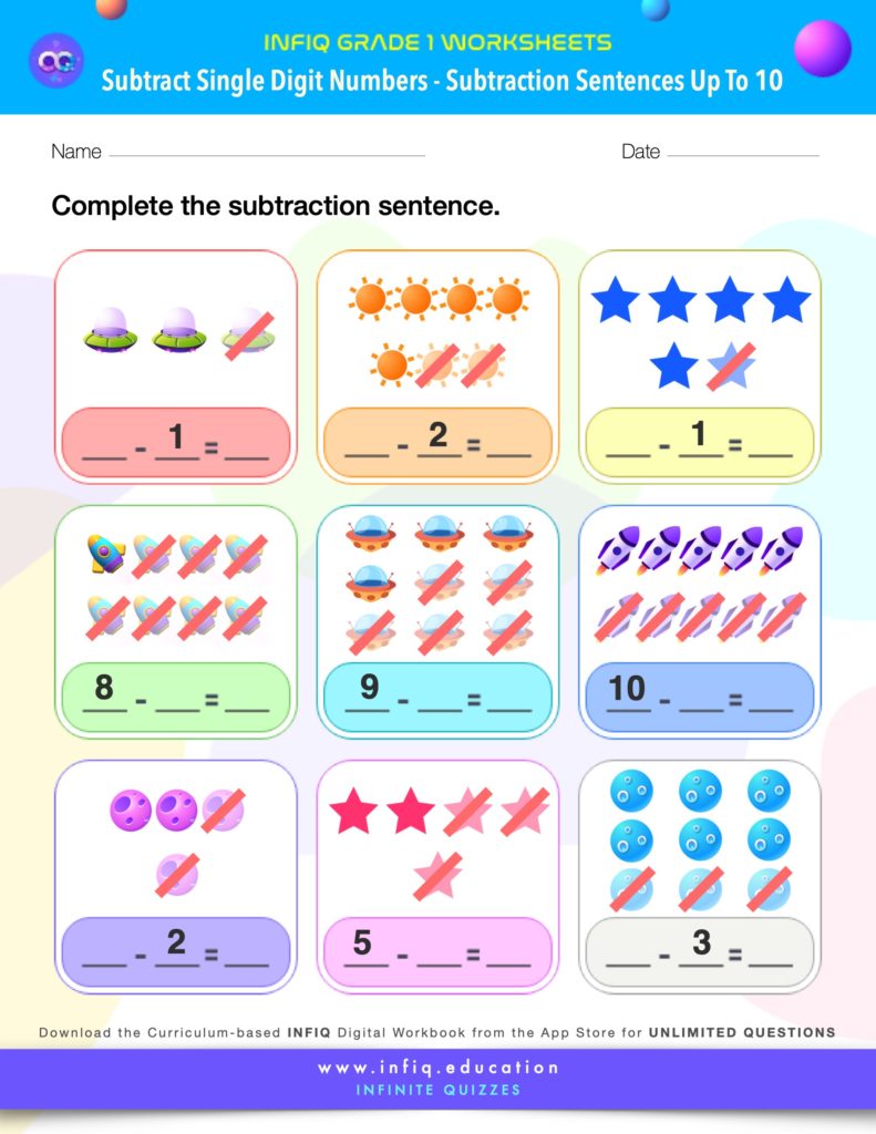 Grade 1 Math: Subtract Single Digit Numbers - Subtraction Sentences (up to 10) Worksheets