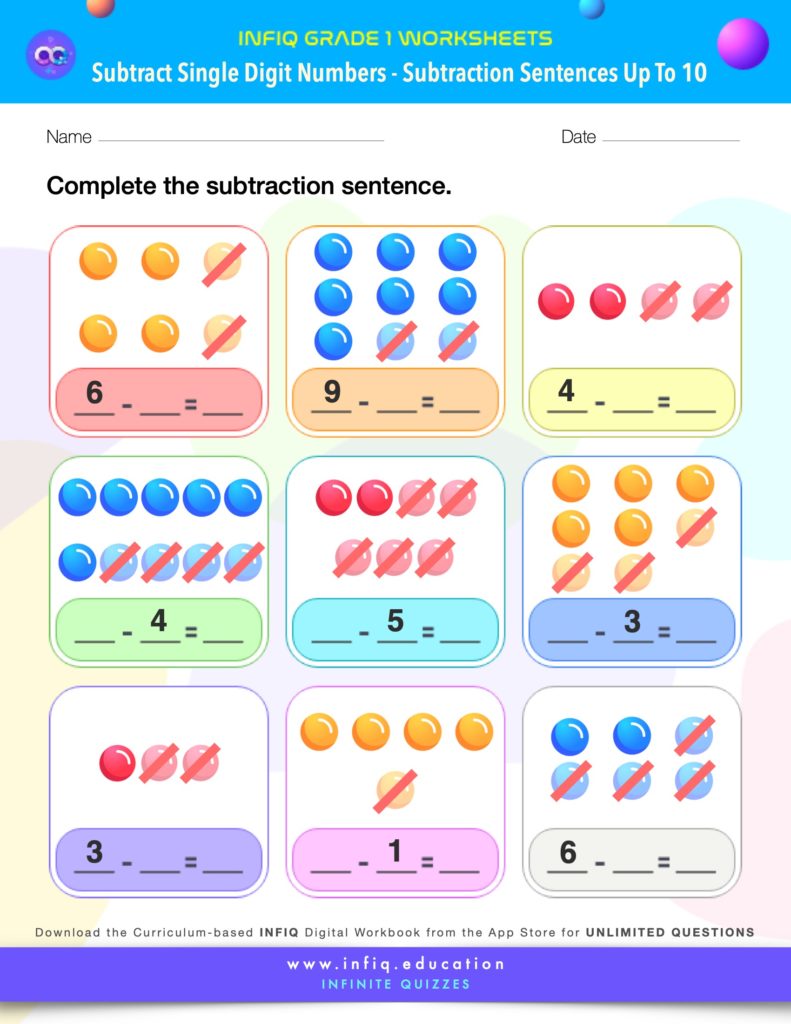Grade 1 Math: Subtract Single Digit Numbers - Subtraction Sentences (up to 10) Worksheets