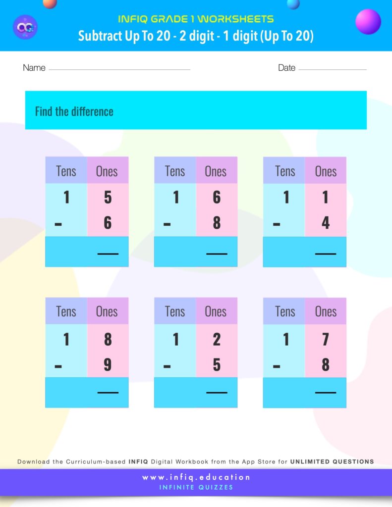 Grade 1 Math > Subtract up to 20 > 2 Digit – 1 Digit (up to 20) Worksheet