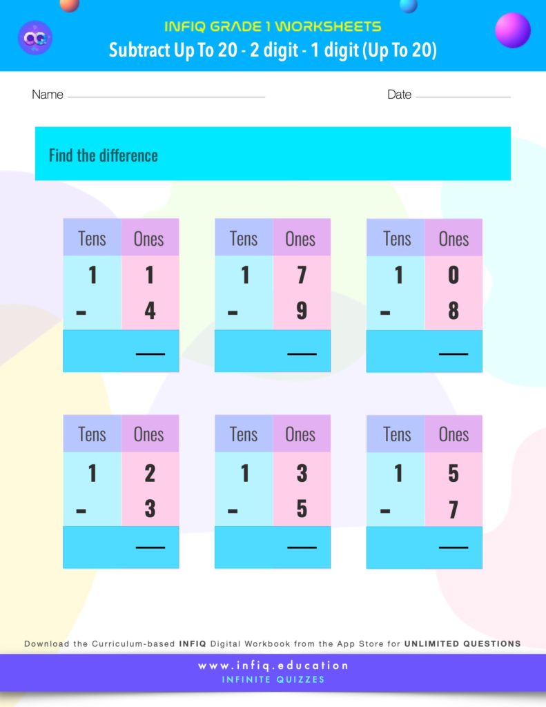 Grade 1 Math > Subtract up to 20 > 2 Digit – 1 Digit (up to 20) Worksheet