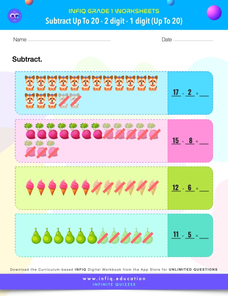 Grade 1 Math > Subtract up to 20 > 2 Digit – 1 Digit (up to 20) Worksheet