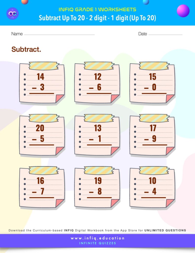 Grade 1 Math > Subtract up to 20 > 2 Digit – 1 Digit (up to 20) Worksheet