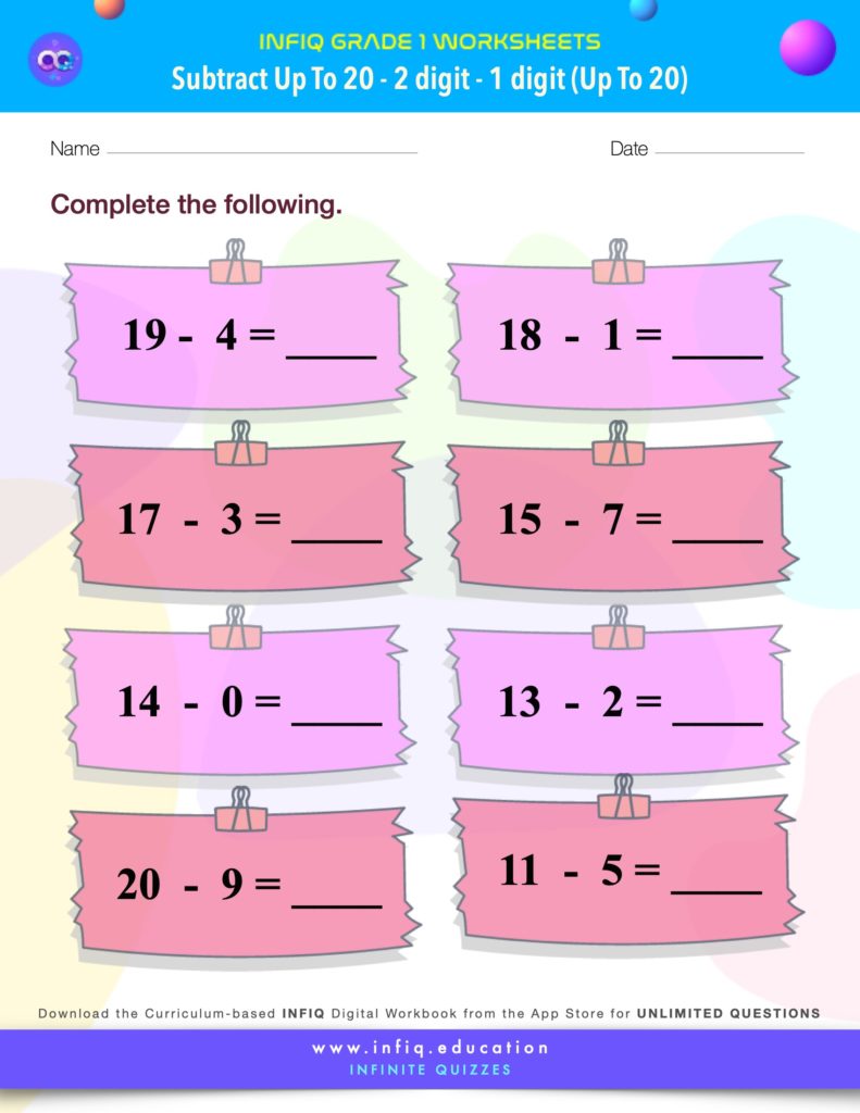 Grade 1 Math > Subtract up to 20 > 2 Digit – 1 Digit (up to 20) Worksheet