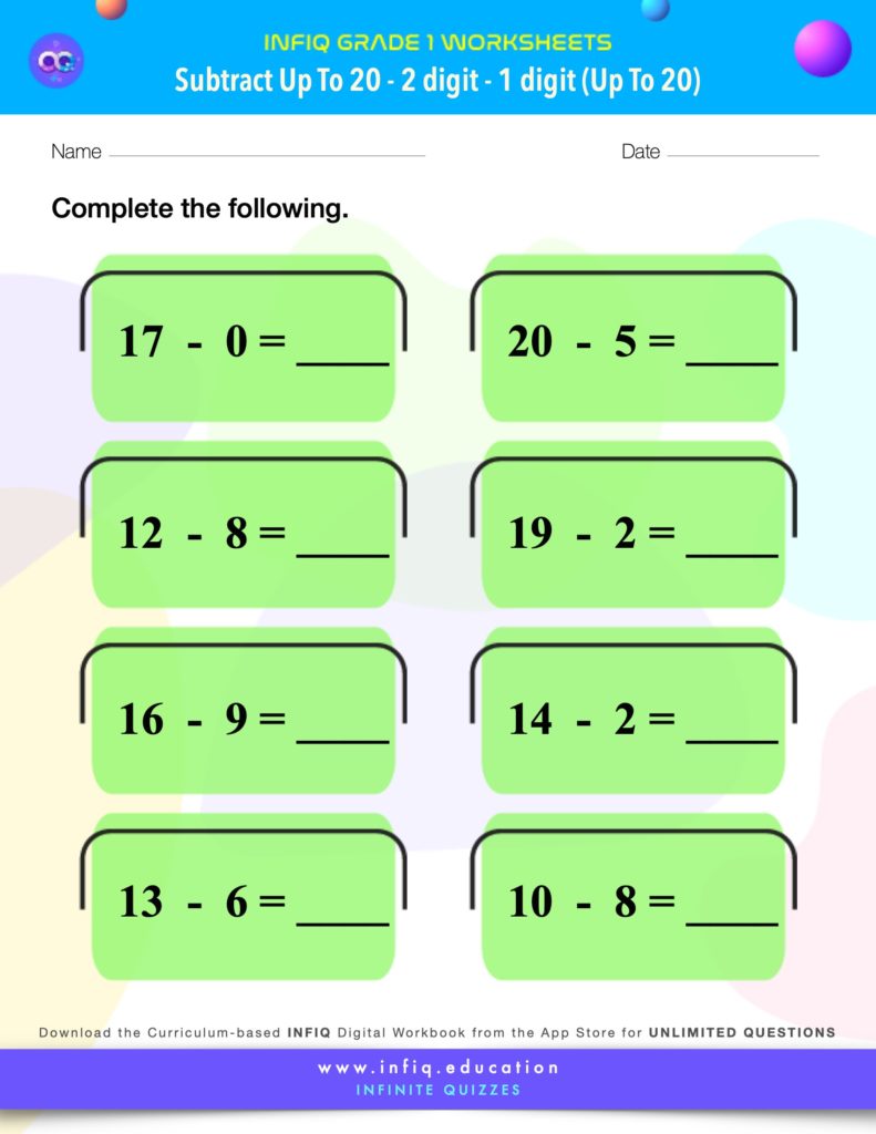 Grade 1 Math > Subtract up to 20 > 2 Digit – 1 Digit (up to 20) Worksheet