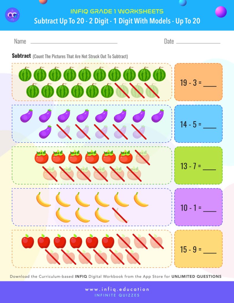 Grade 1 Math > Subtract up to 20 > 2 Digit – 1 Digit with models (up to 20) Worksheet