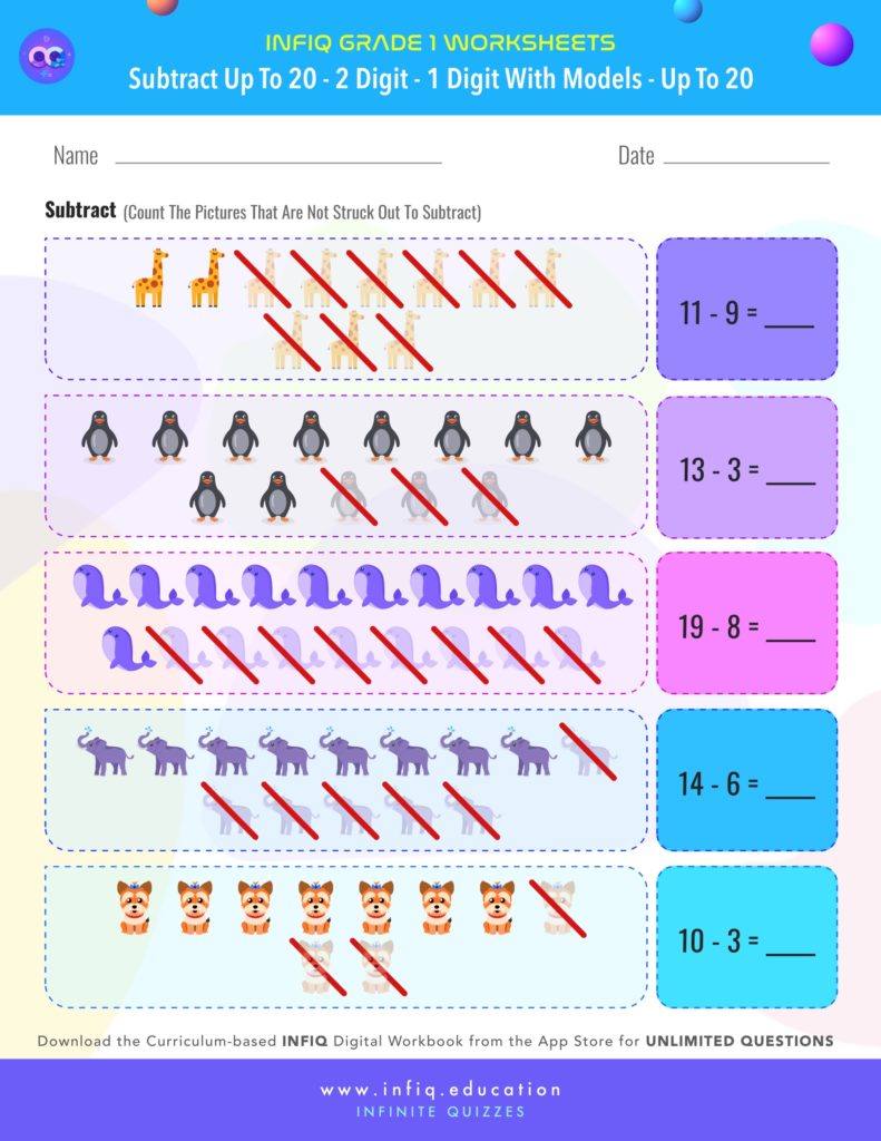 Grade 1 Math > Subtract up to 20 > 2 Digit – 1 Digit with models (up to 20) Worksheet