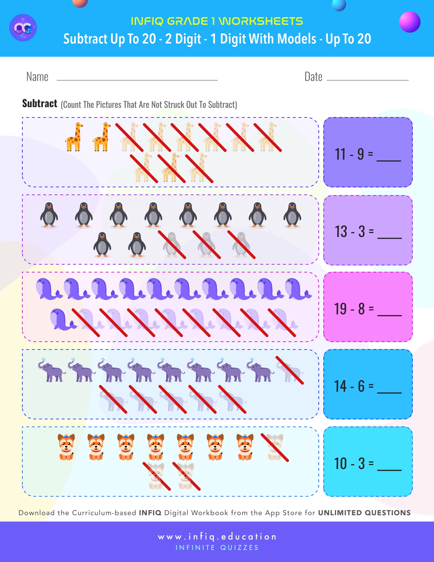 Grade 1 Math > Subtract up to 20 > 2 Digit – 1 Digit with models (up to 20) Worksheet