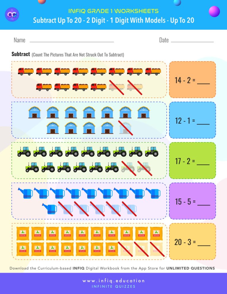 Grade 1 Math > Subtract up to 20 > 2 Digit – 1 Digit with models (up to 20) Worksheet