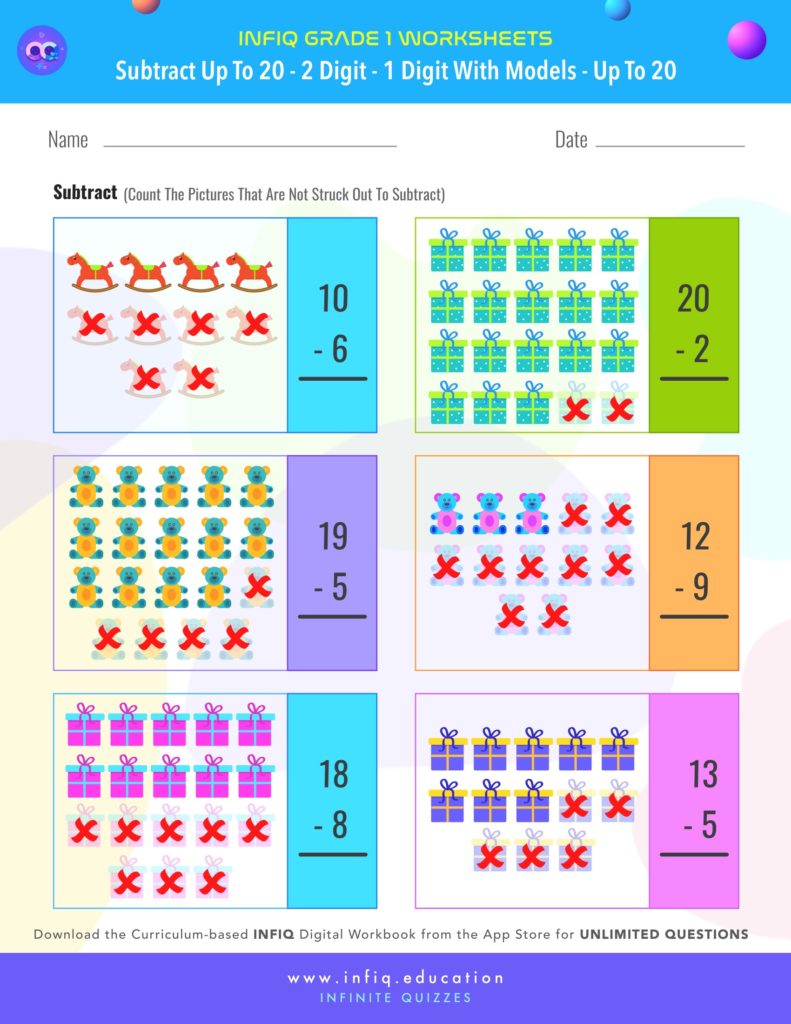 Grade 1 Math > Subtract up to 20 > 2 Digit – 1 Digit with models (up to 20) Worksheet