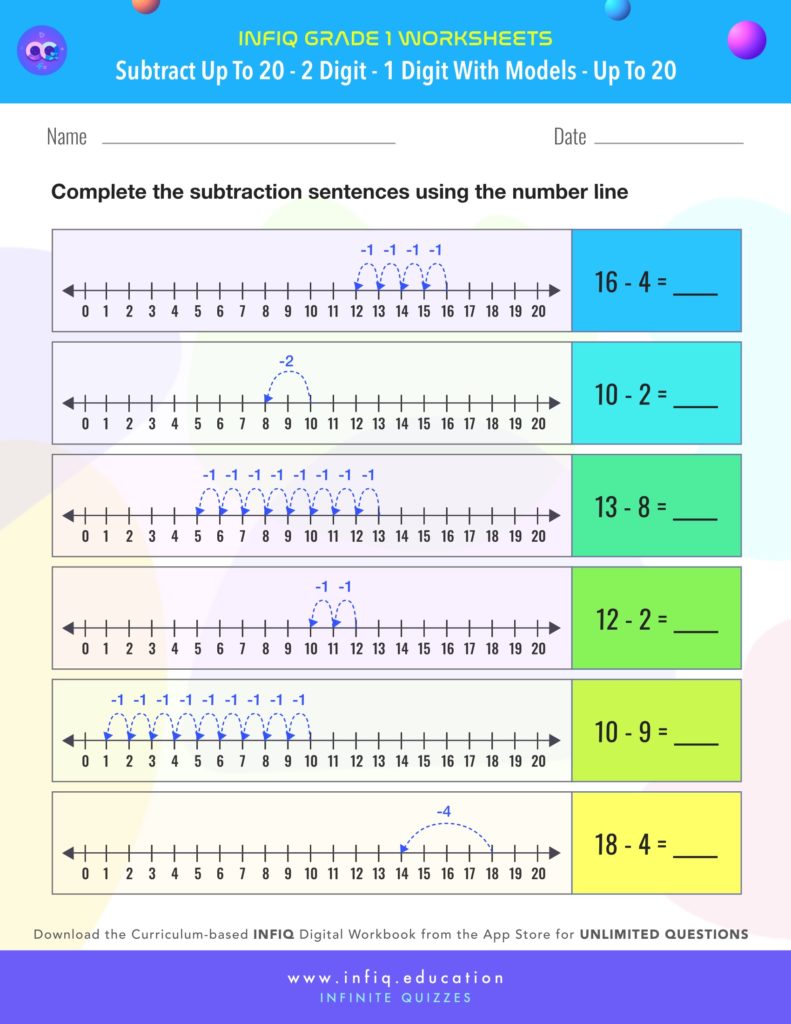 Grade 1 Math > Subtract up to 20 > 2 Digit – 1 Digit with models (up to 20) Worksheet
